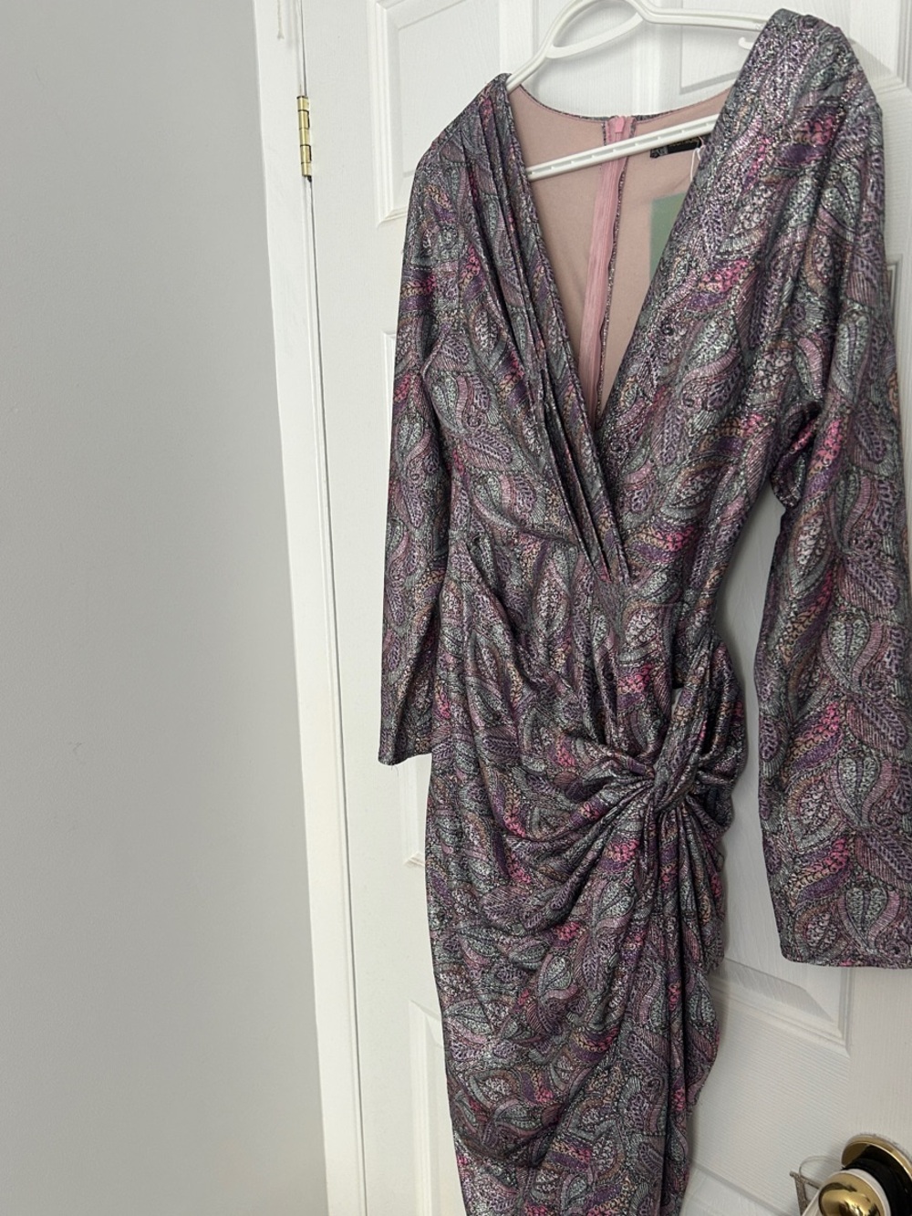 Elegant Metallic Paisley Wrap Dress in Pink and Silver